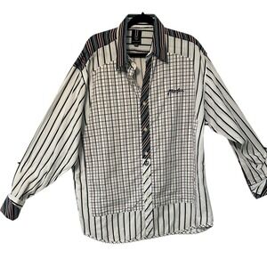 Phat Farm Mens‎ XL Button Up Shirt Multi Stripe Plaid Graphic Print Casual